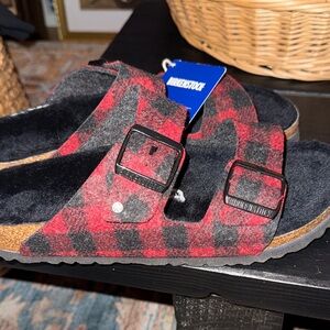 Birkenstock Arizona Shearling Red and Black Plaid Sandals Wool NWT